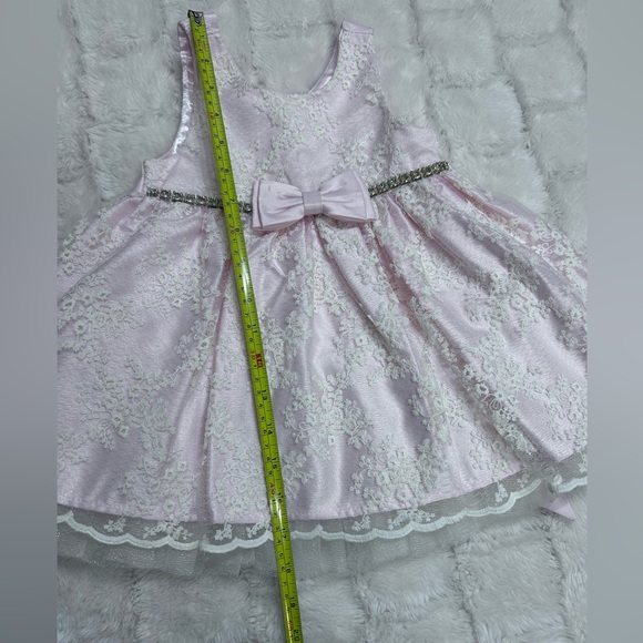 American Princess Pink Lace Dress w/ Front Bow & Rhinestone waist Size  24months - Picture 8 of 9